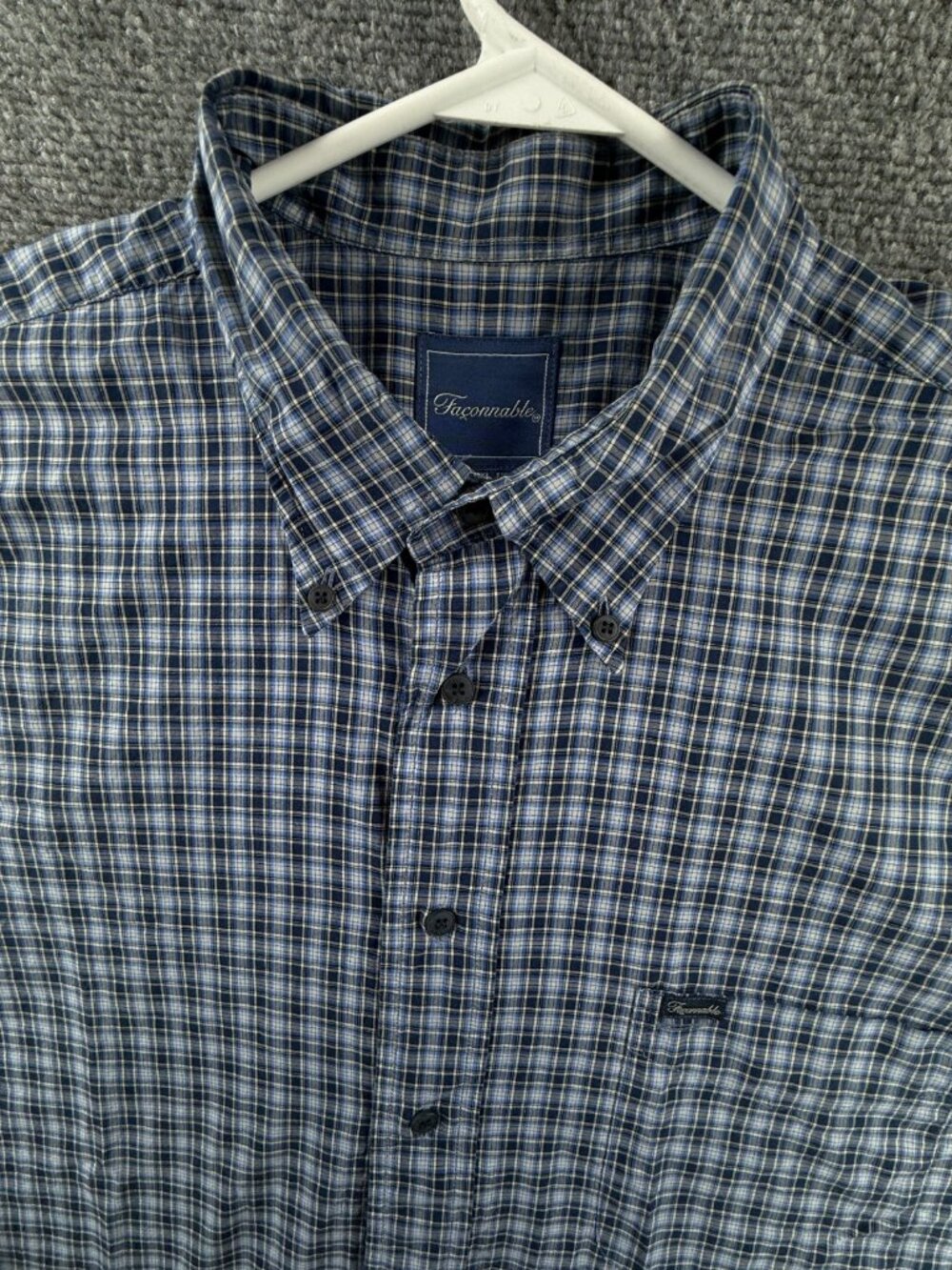 Faconnable Cotton Check 2XL Button-Down Blue Long Sleeve Pocket Men Shirt Adult